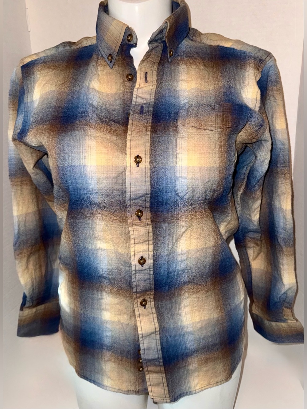 Pendleton ‘90’s 100% Virgin Wool Blue, Cream and Brown Plaid Button-Down Shirt